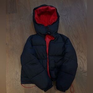 Black & Red Hooded Puffer Jacket - Women